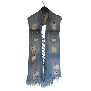American Bazi Distressed Long Denim Vest RBT-713 Destroyed Back Medium Cotton